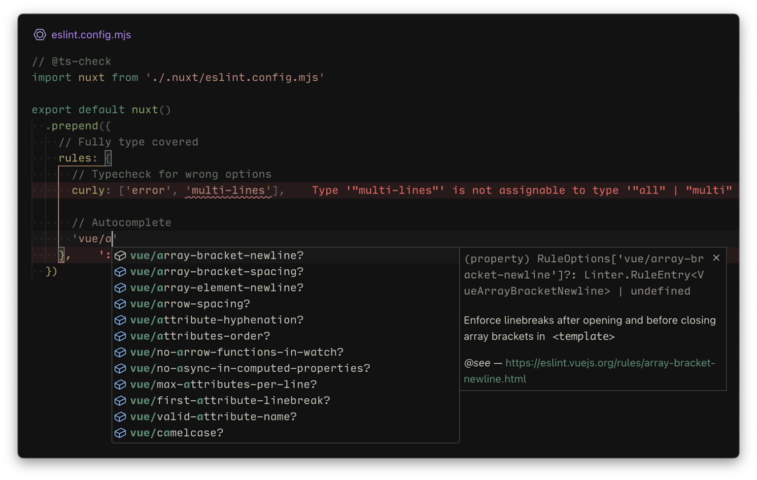 Screenshot of VS Code that showcases the type check and autocomplete with ESLint rules config